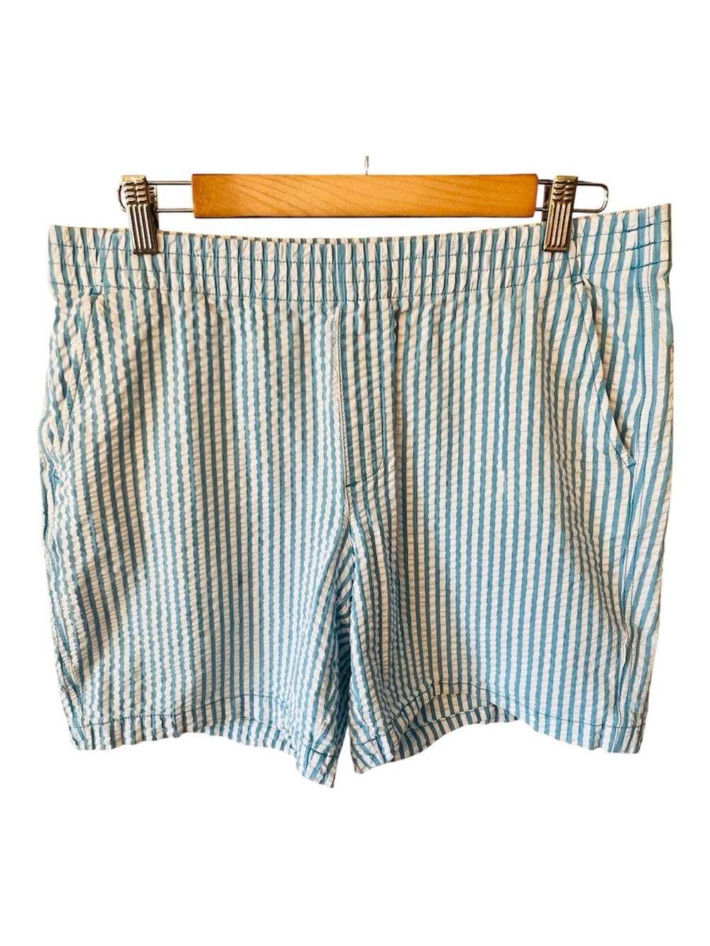 LANDS END Pull On Elastic Waist Mid Rise Seersucker Short Aqua White Cotton 14